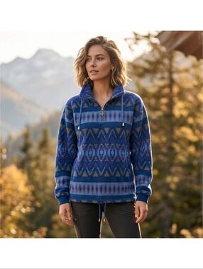 Vintage Cristina Aztec Print Zip Neck Acrylic Sweater Blue Size M